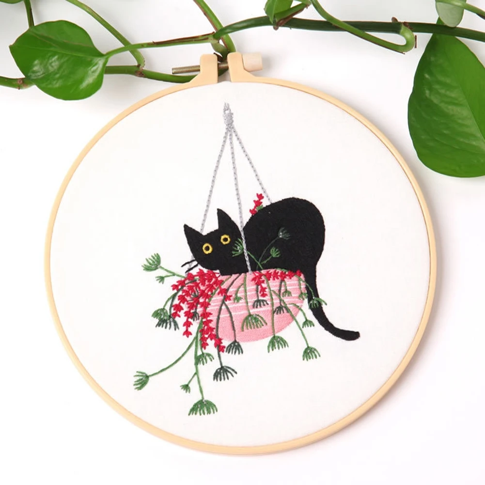 Flower Black Cat Pattern Embroidery Set Needlework Tools Printed Beginner DIY Embroidery Round Cross Stitch Kit Sewing Craft Kit