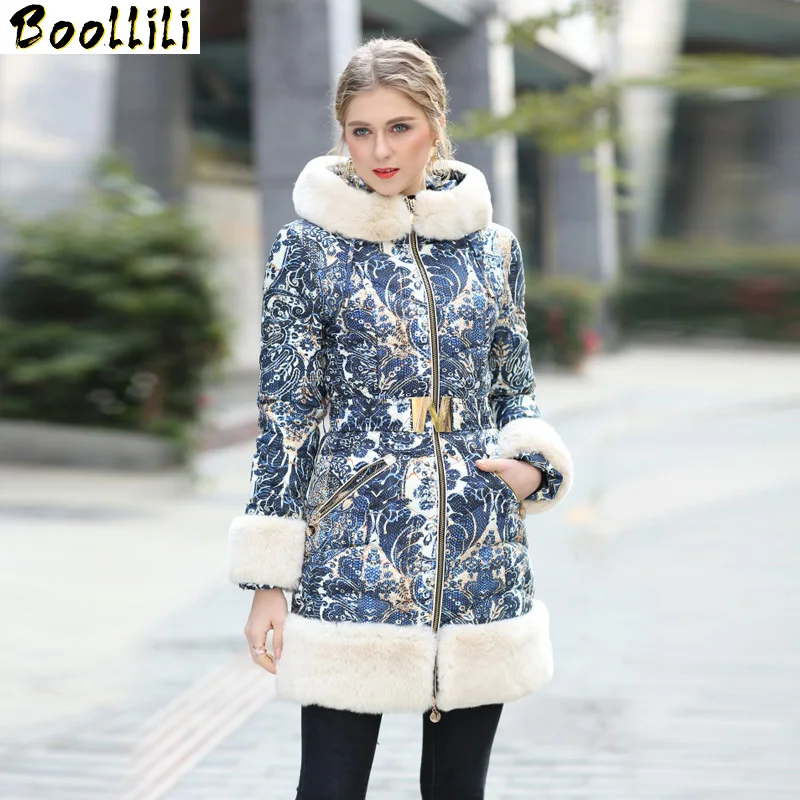 

Winter Coat Boollili Women Duck Down Jacket Woman Hooded Rex Rabbit Fur Collar Slim Puffer Coat Print Thick Down Jackets