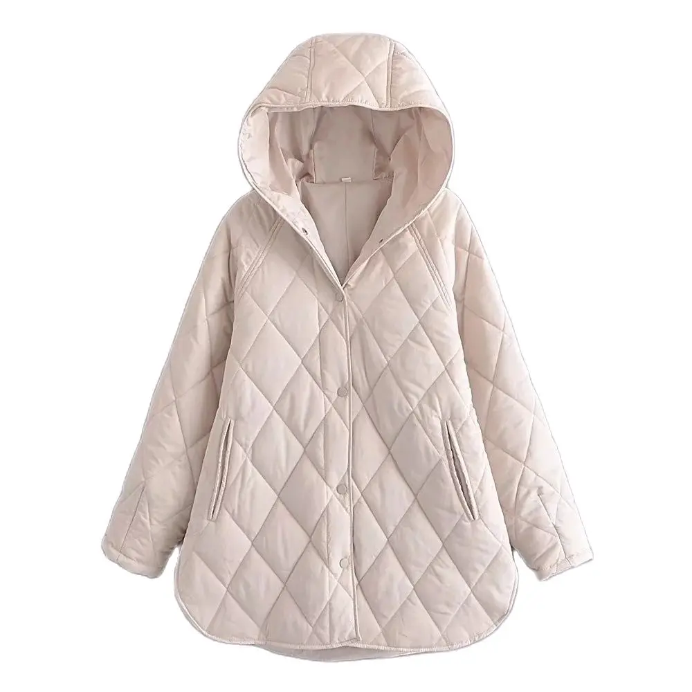 Xeasy 2021 inverno do vintage quente bege com capuz colarinho roupas de algodão feminino casaco casual streetwear manga longa parkas chique topo