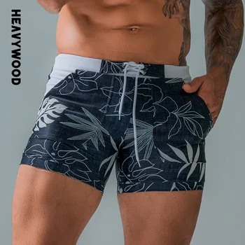 Heavenwood-bañadores de baño con cintura elástica para hombre, pantalones cortos de secado rápido, con cordón, para playa, Verano
