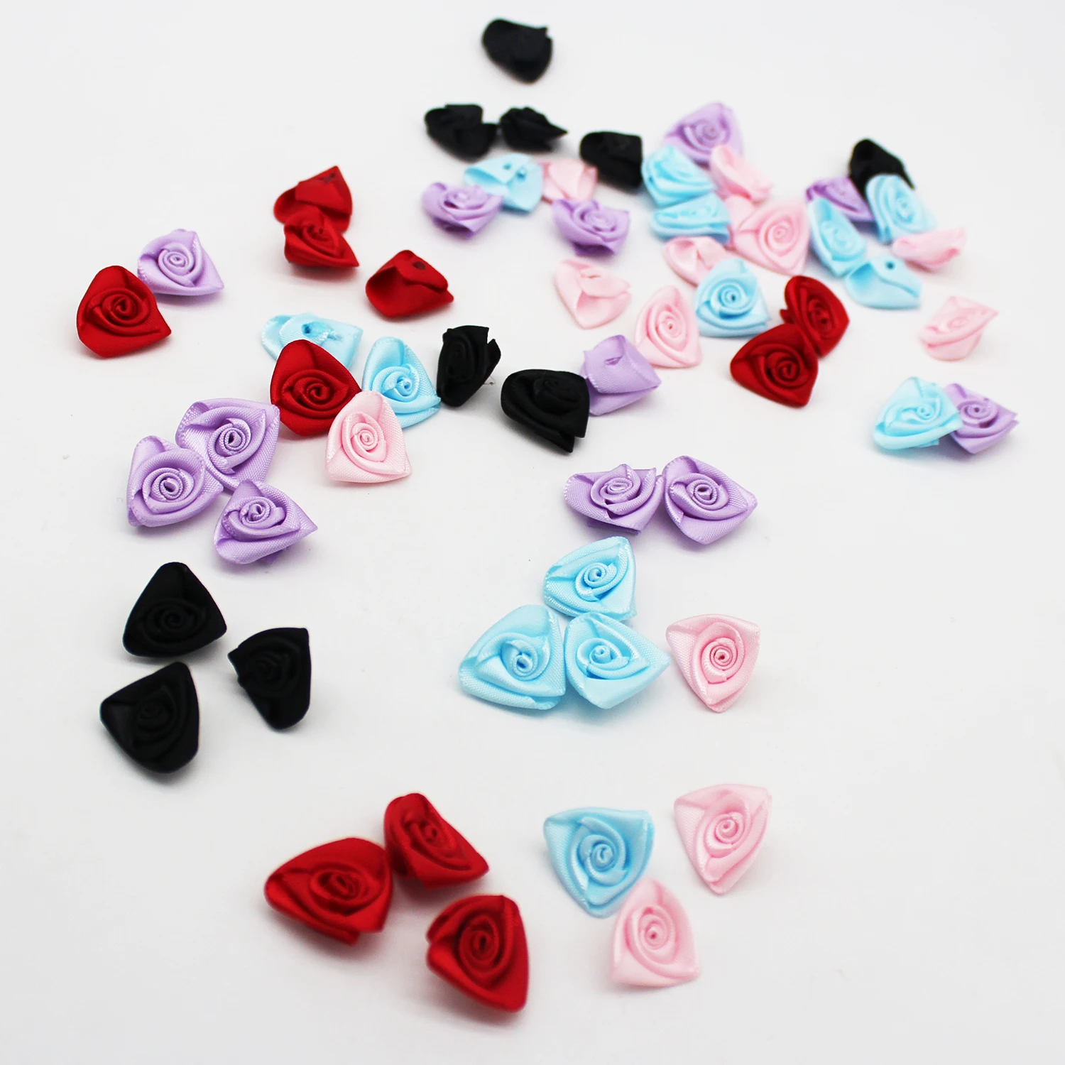 50pcs Mixed Color Appliques 19MM Triangle Ribbon Rose Flowers Satin Rosette Trim Craft DIY Accessories Made of 3/8