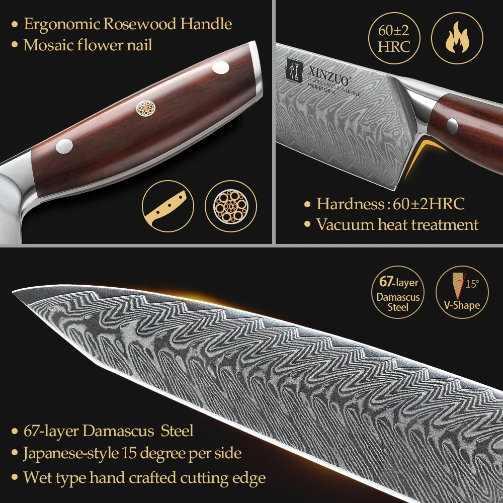 XINZUO 7 PCS Kitchen Knife Damascus Steel Chef Slicing Utility Paring Knife Chinese VG10 Steel Rosewood Handle Sharp Cutter