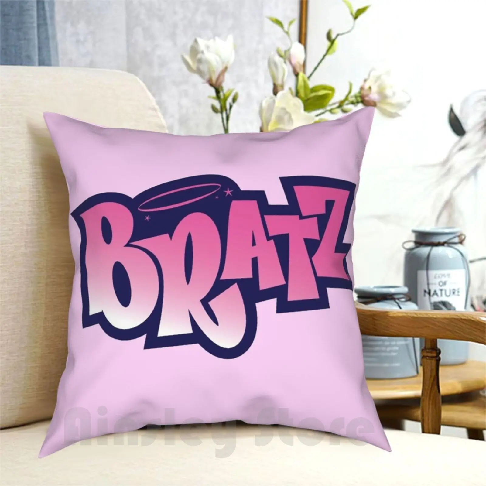 Purple And Pink Bratz Logo Pillow Case Printed Home Soft DIY Pillow cover Cartoon Pixelated Vinyl Aesthetic Vaporware