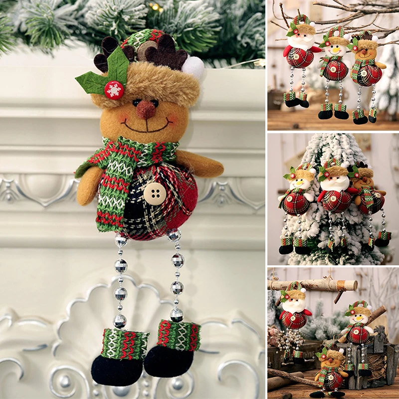 Newly Lovely Christmas Pendant Plaid Cloth Beads Legs Doll Cartoon Christmas Tree Ornament for Home Living Room Bedroom