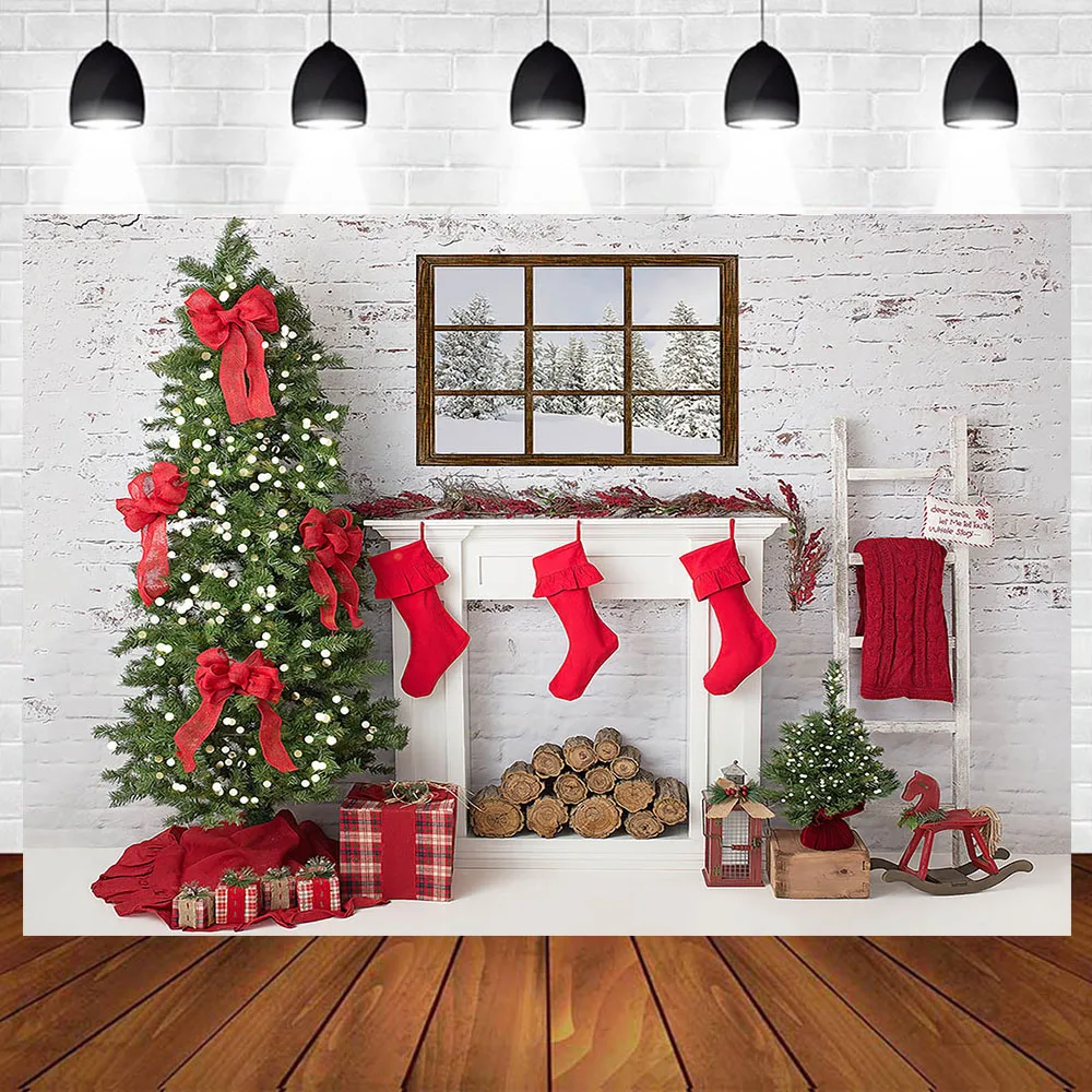 Photography Backdrops Christmas Backdrop Fireplace Tree Baby Shower Photo Background Children Portrait Backdrop Photo Prop