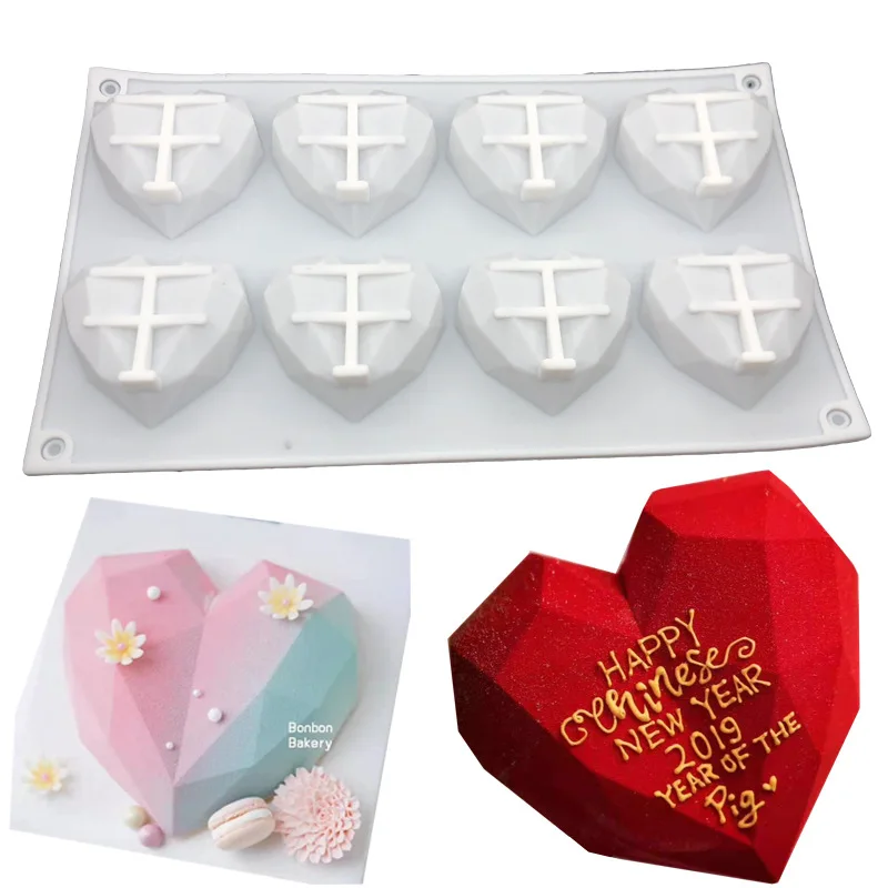 8-Cavity Diamond Love Heart Silicone Cake Mold 3D Fondant Mousse Chocolate Dessert Bakeware Pastry Mould Soap Tool