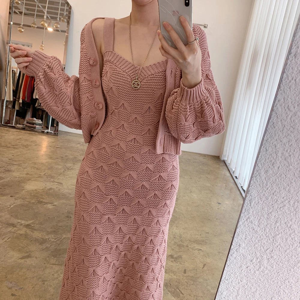 JSXDHK Elegant Winter Texture Jacquard Knitted 2 Piece Set Women Lantern Sleeve Pink Cardigan + Long Spaghetti Strap Dress Suits