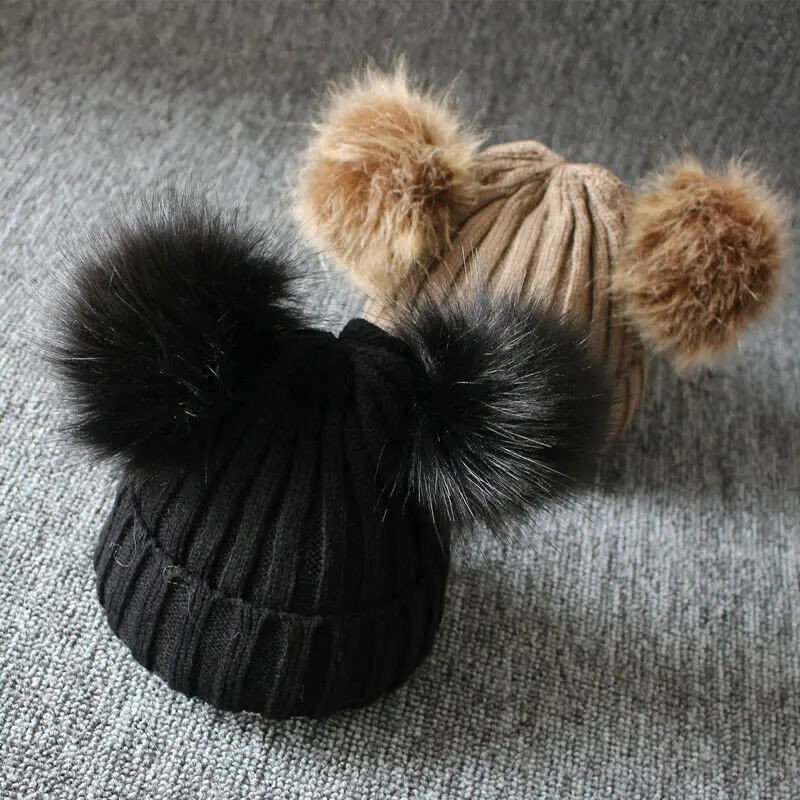 Newborn Baby Kids Girls Boys Winter Warm Knit Hat Furry Balls Pompom Solid Cute Lovely Beanie Cap Kids Fur Pom Hat Best Gifts