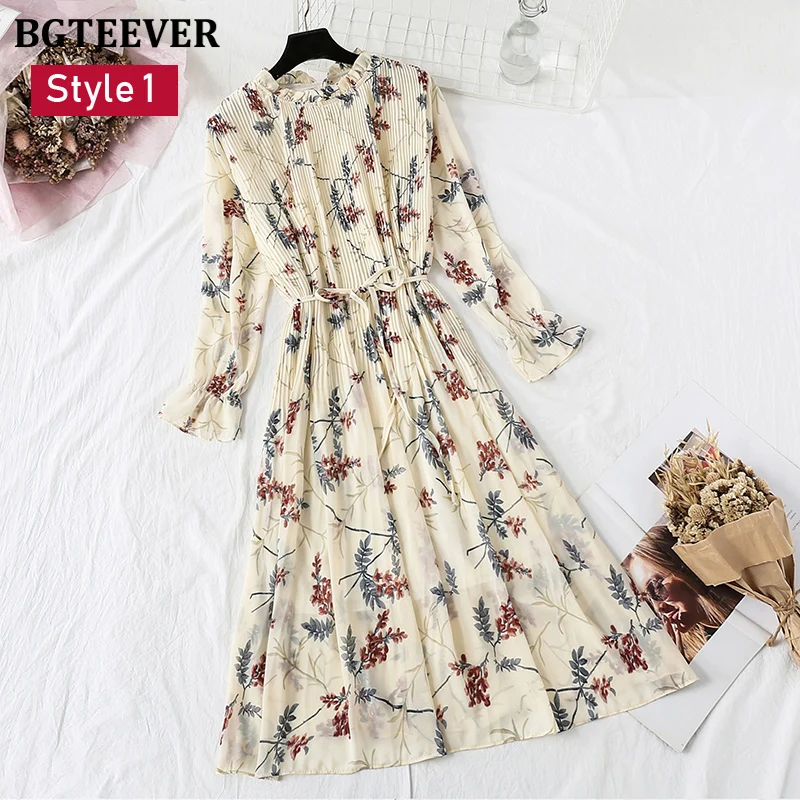 BGTEEVER Spring Stand Collar Floral Print Women Dress Lace Up Female Pleated Dress Summer Party Midi Chiffon Vestidos femme 2021