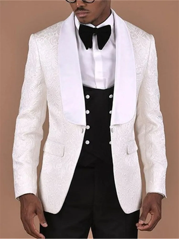 

New Classic Men’s Suit Slim Fit Evening Suits For Men White Pattern With Double Breasted Black Groom Suit (Jacket+Pants+Vest)