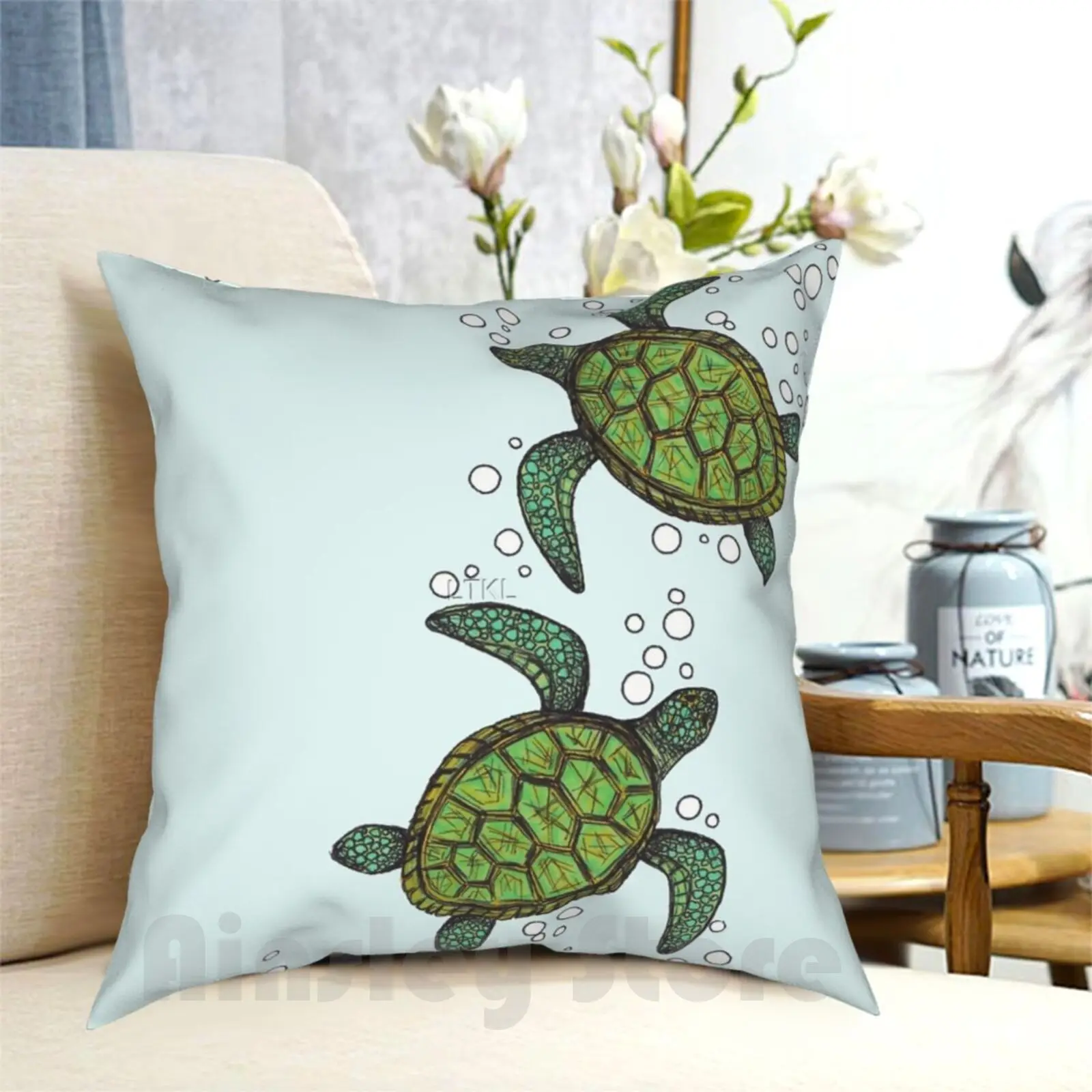 Baby Turtles Pillow Case Printed Home Soft Throw Pillow Turtle Animals Reptiles Green Bubbles Cute Ocean Sea Markers Pen