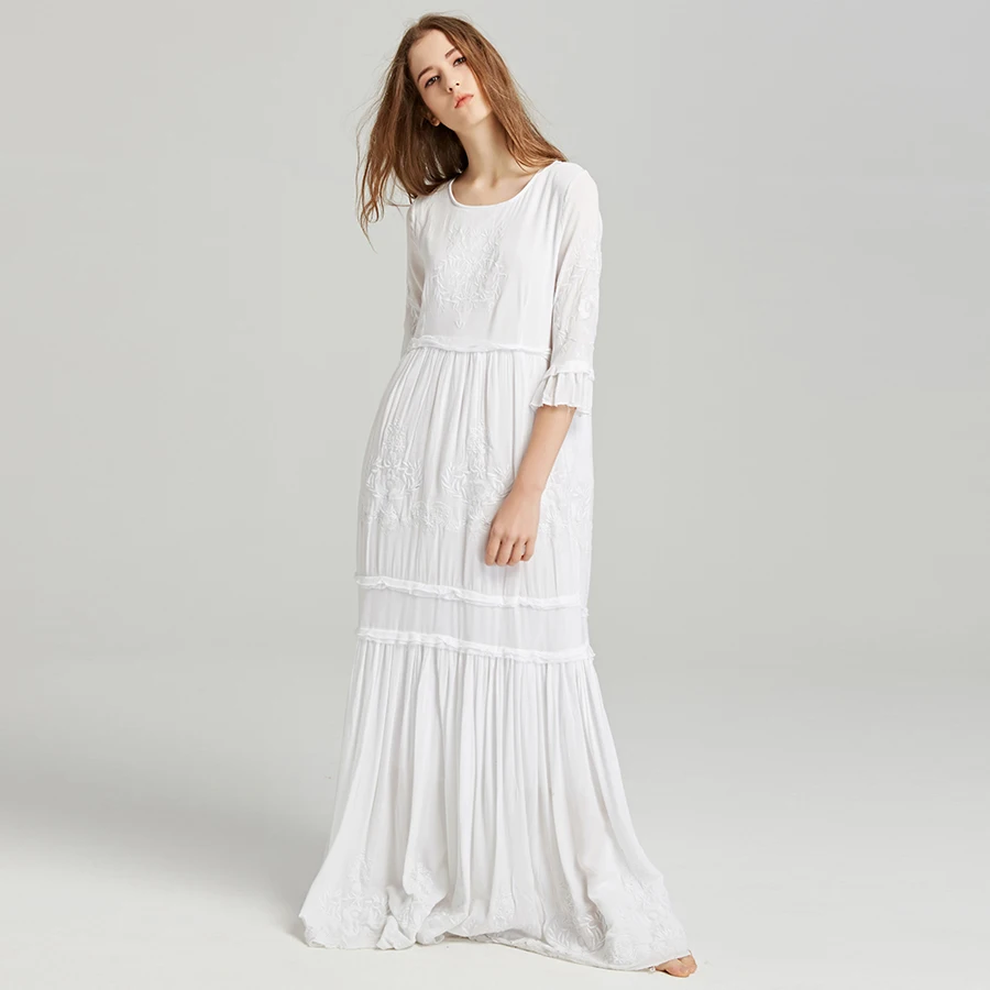 TEELYNN-Robe longue bohème à manches évasées pour femmes, élégante, broderie florale, style boho, à volants, vêtements de plage éducatifs, 2021