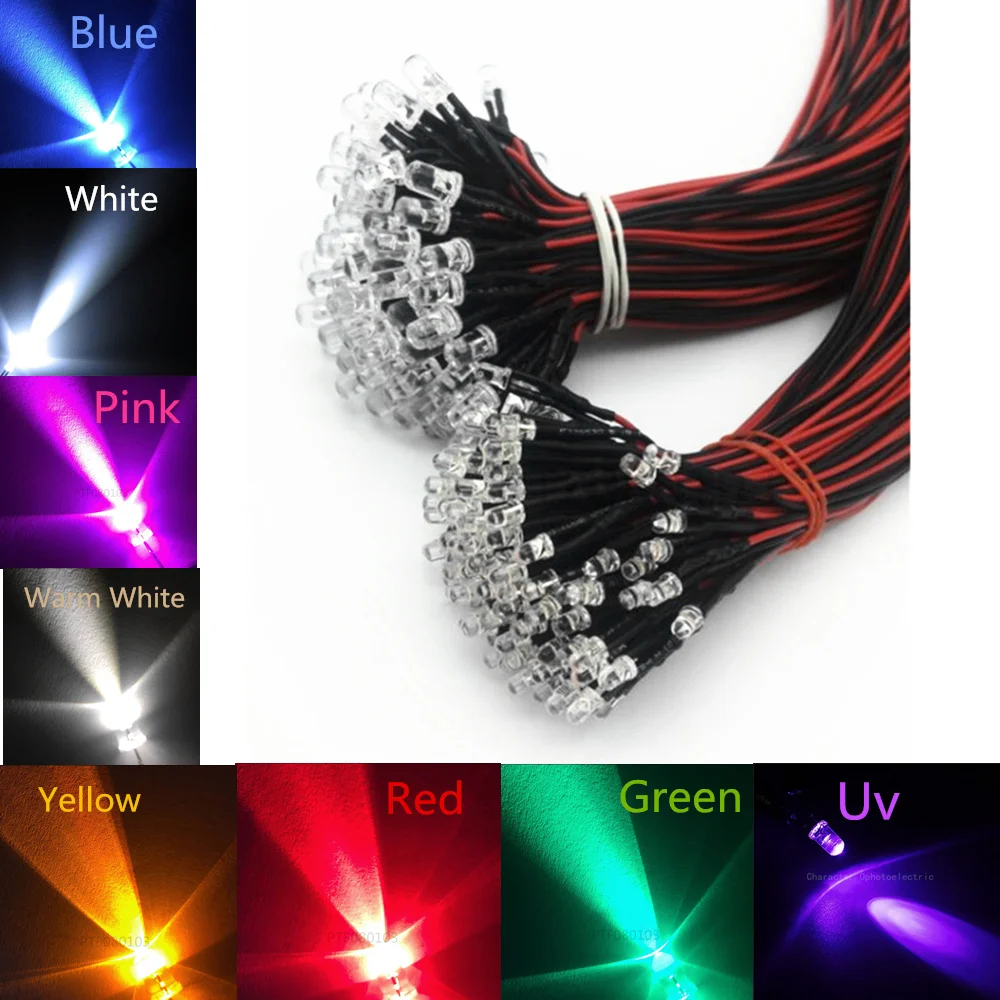 20pcs 3V 5V 12V 24V DC 3mm/5mm Red/Green/Blue/RGB Round Pre-Wired Water Clear LED With Plastic Holder