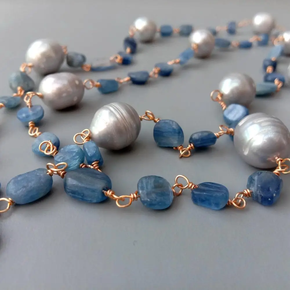 Y·YING Blue Kyanites Gray freshwater Pearl statement Necklace  21