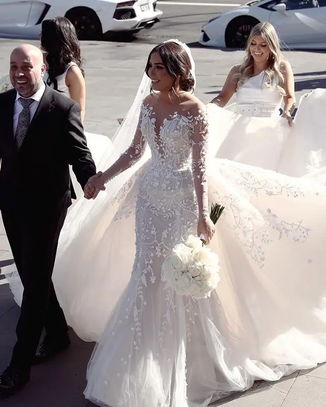 Vestidos de novia de sirena de talla grande con tren desmontable, cuello transparente, manga larga, apliques florales 3D, bata de boda