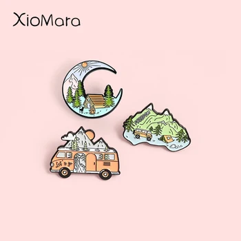 무료 여행 에나멜 핀 마을 버스 캠핑 텐트 브로치 배지 여성 남성 의류 가방 핀 보석 친구를위한 선물
