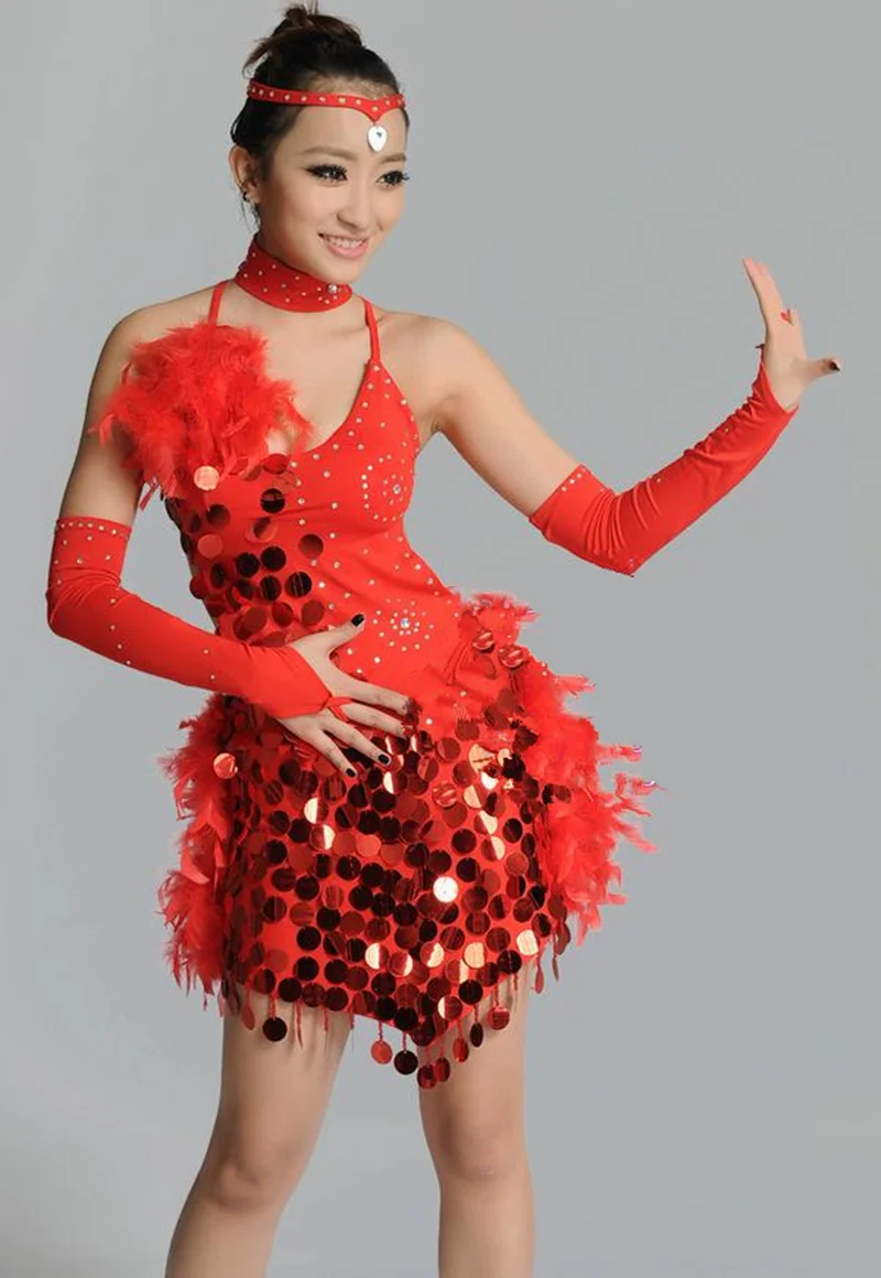 Girl Feather Latin Dance Dress Customize Woman Sequined Cha Cha/Rumba/Samba/Ballroom Dance Competition Dress for Performance