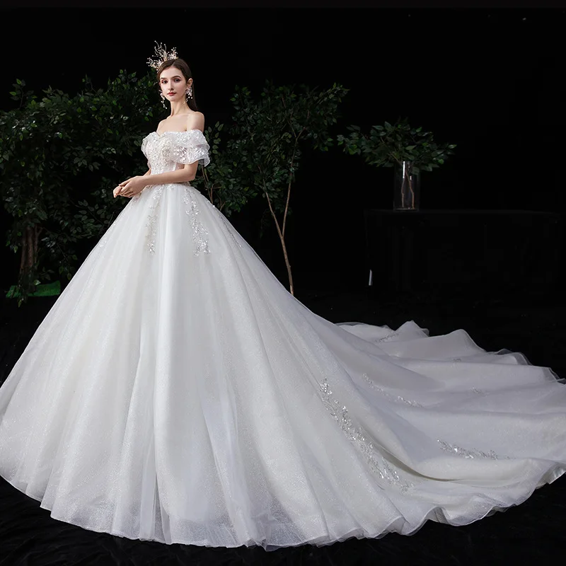 Đầm Vestido De Noiva 2021 Thanh Lịch Cổ Thuyền Phối Ren Bầu Công Chúa Sang Trọng Eadings Áo Cưới Tùy Chỉnh