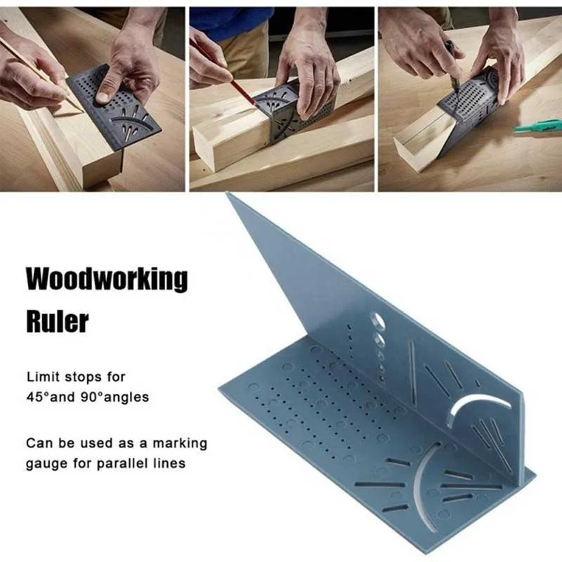 New Arrival Woodworking Gauge Ruler 3D Mitre Angle Measuring Square Measure Tool 45 Degree and 90 Degree with Carpenter Pencil