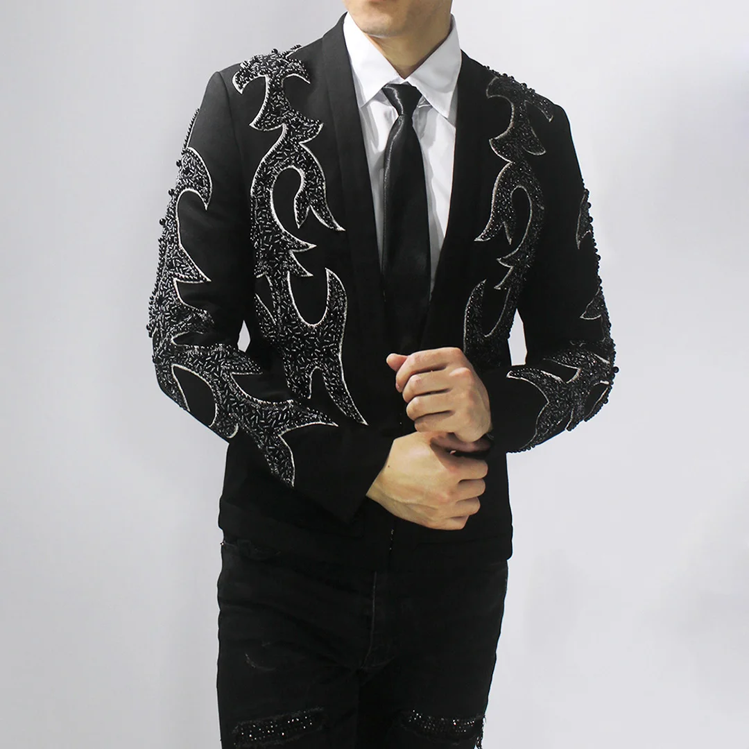 2021 Spring And Autumn New Men Slim Korean Handsome Suit Heavy Industry Beaded Embroidery Male Blazer Nightclub Show Jacket Tide