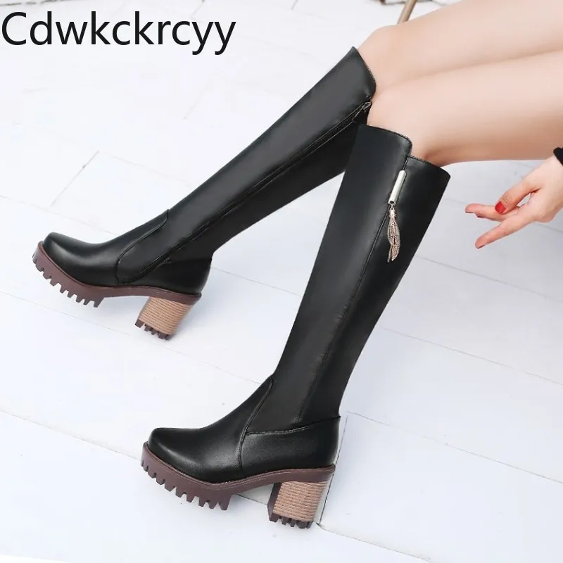 winter The New fashion Round head Thick heel High tube Knight boots black white Plus velvet Keep warm High heel Women boots