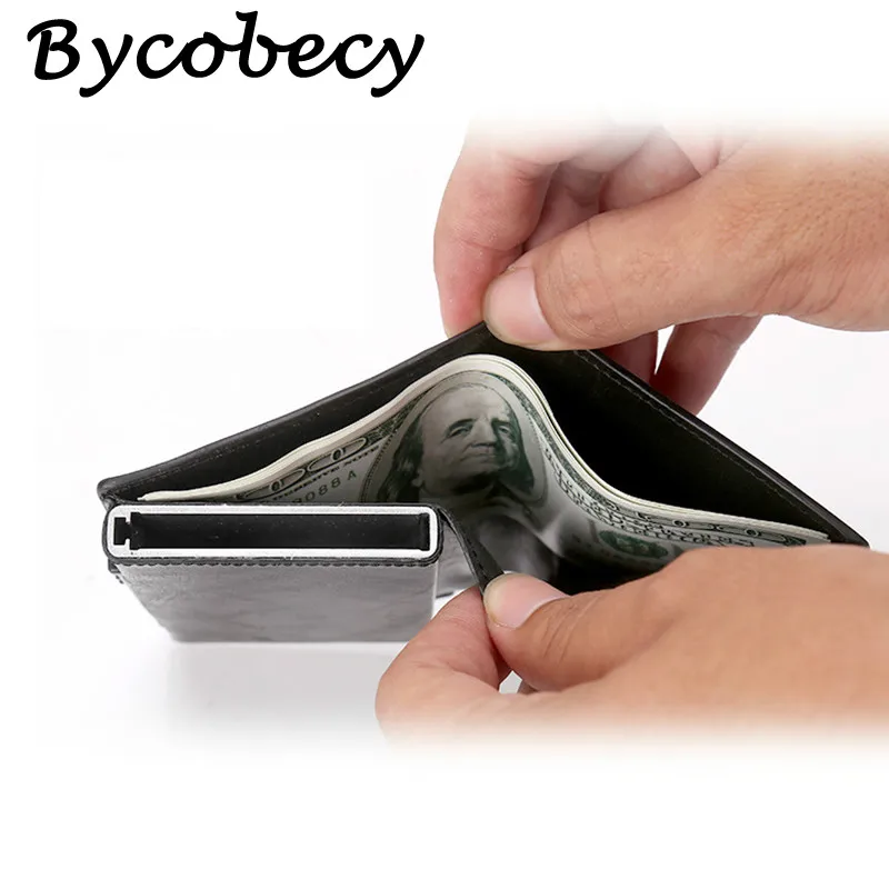 Bycobecy Custom Card Case Wallet Men Leather ID Credit Card Holder Business RFID Aluminium Box Purse Smart Wallet Money Clip Bag