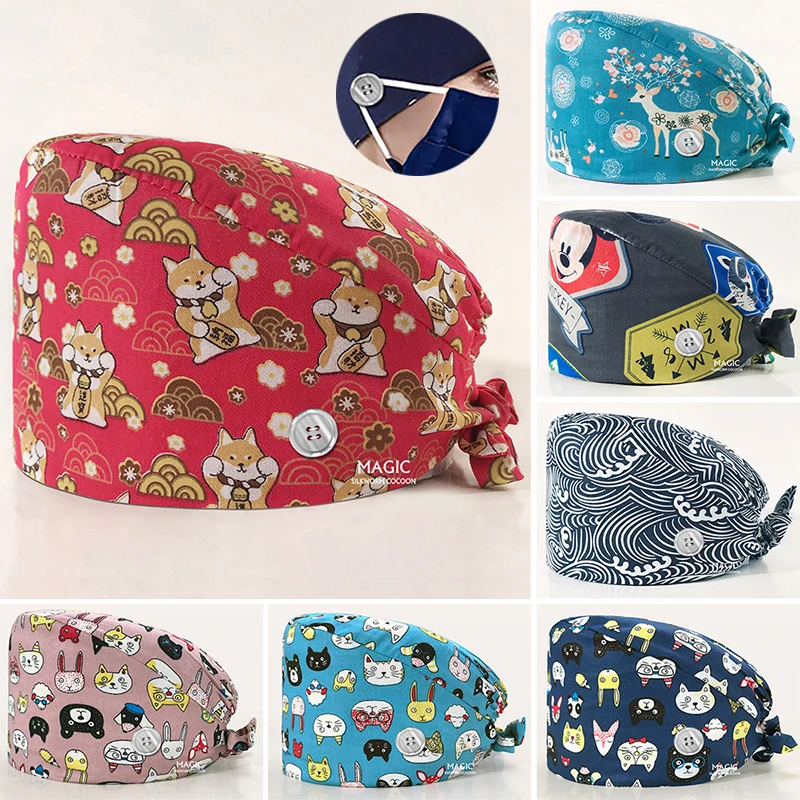 Surgical Cap Women Chemotherapy Oral Dentistry Printed Cotton Doctor Nurse Cap Operating Room Hat Men Dustproof Work Cap