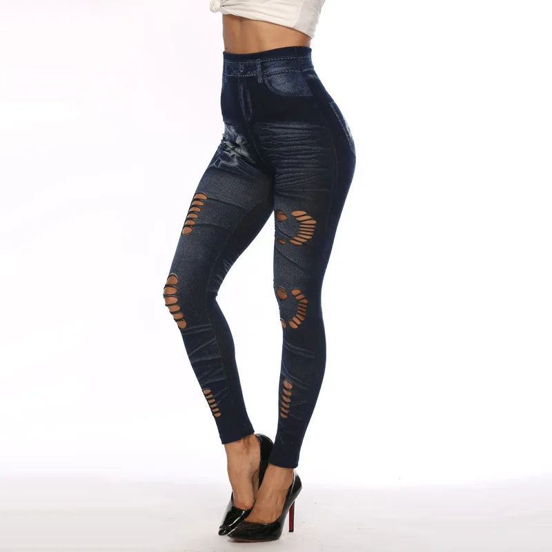 New Sexy Heart Hole Leggings da donna Big Size Streetwear High Spandex Mesh Faux Jean Pants Blue Ladies Hollow Out Pants XS-3XL