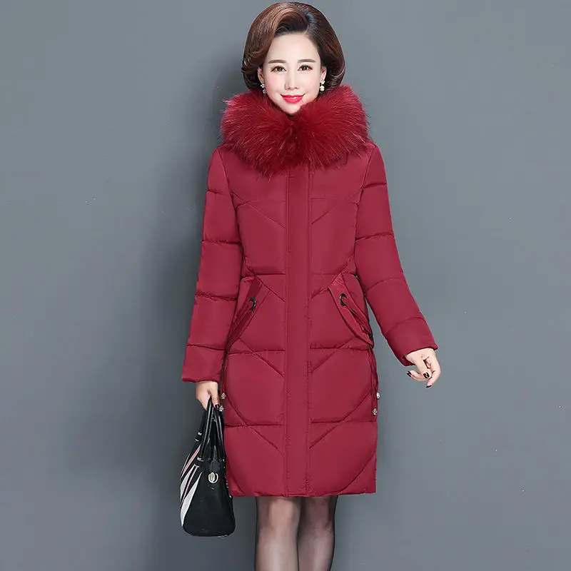 Middle-aged mother Winter Coat Thicken Slim Cotton padded Jacket Windproof Loose Female Warm Fur collar Hooded Parkas Outwear