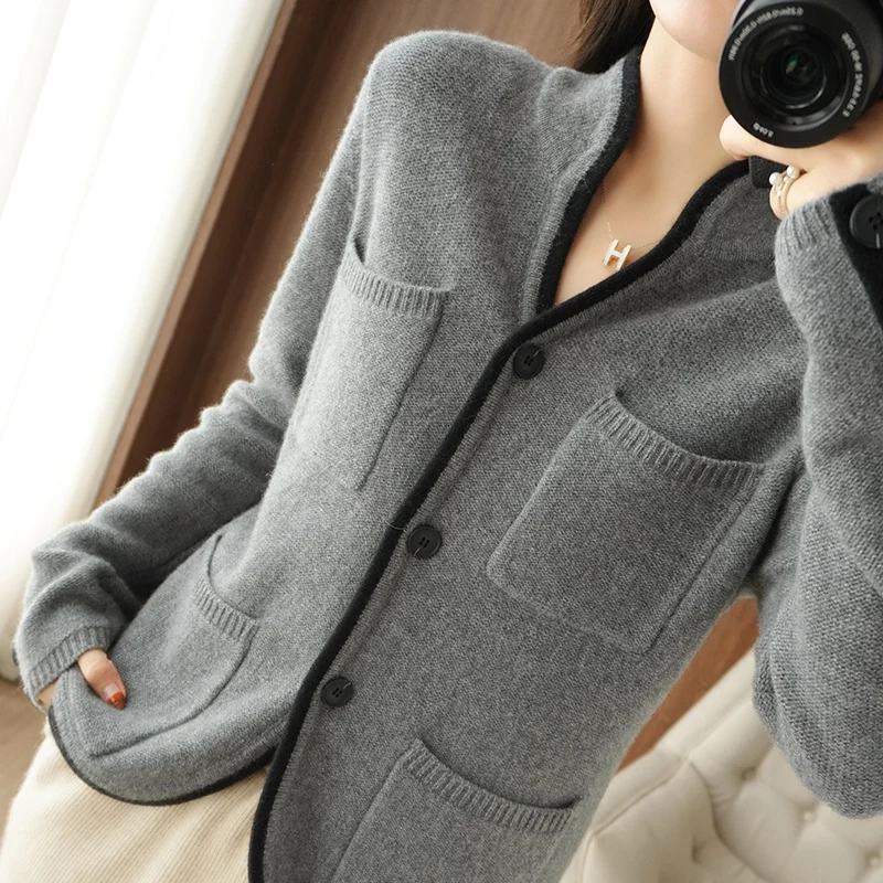 100% Cashmere / Wool Sweater Autumn/Winter 2021 Women\'s Stand-up Collar Cardigan Casual Knit Tops Korean Plus Size Female Jacket