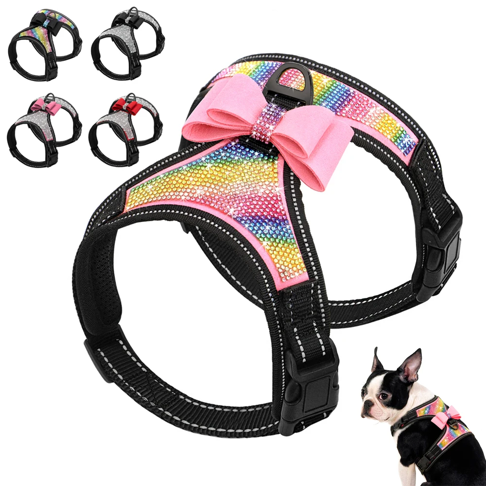 

Reflective Dog Harness Nylon Pitbull Pug Small Medium Dogs Harnesses Vest Bling Rhinestone Bowknot Dog Accessories Pet Supplies