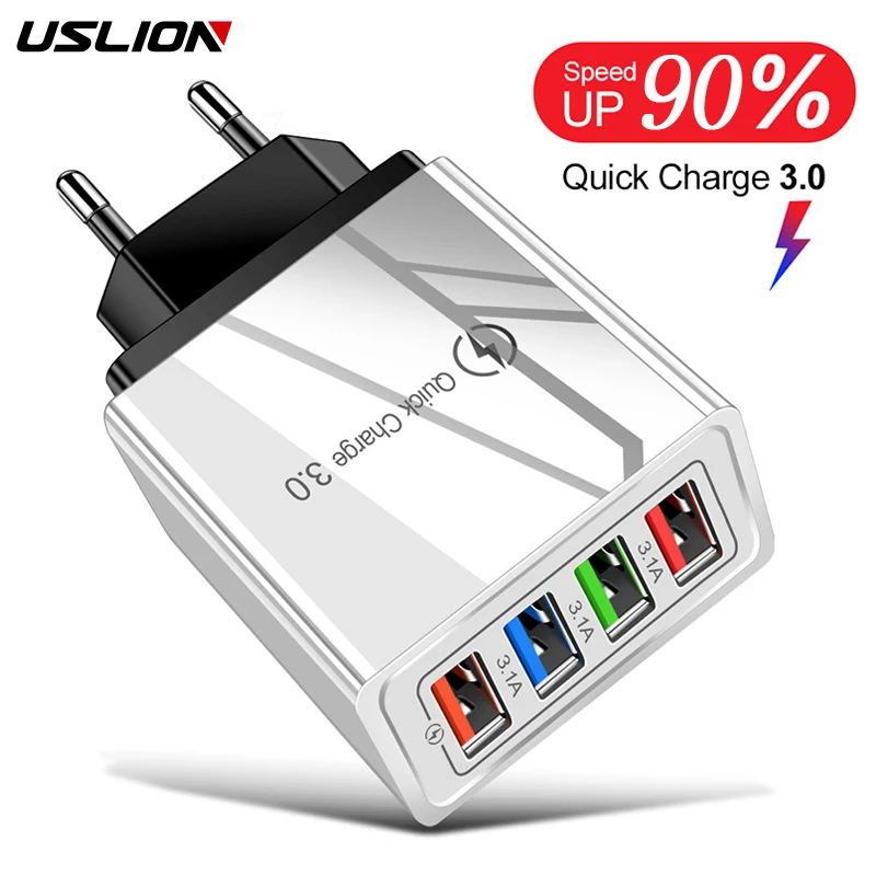 USLION USB Charger 4 Ports USB Charger Phone Adapter for iPhone 14 Xiaomi Tablet Portable Wall Mobile Quick Charge 3.0 EU Plug