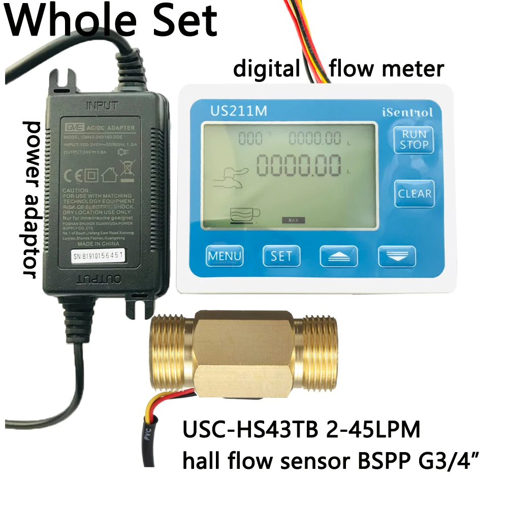 

US211M Digital Flow Meter Totalizer with Brass Flow Sensor USC-HS43TB G3/4" Hall Flow Sensor 2-45LPM iSentrol Saier Sesnor China