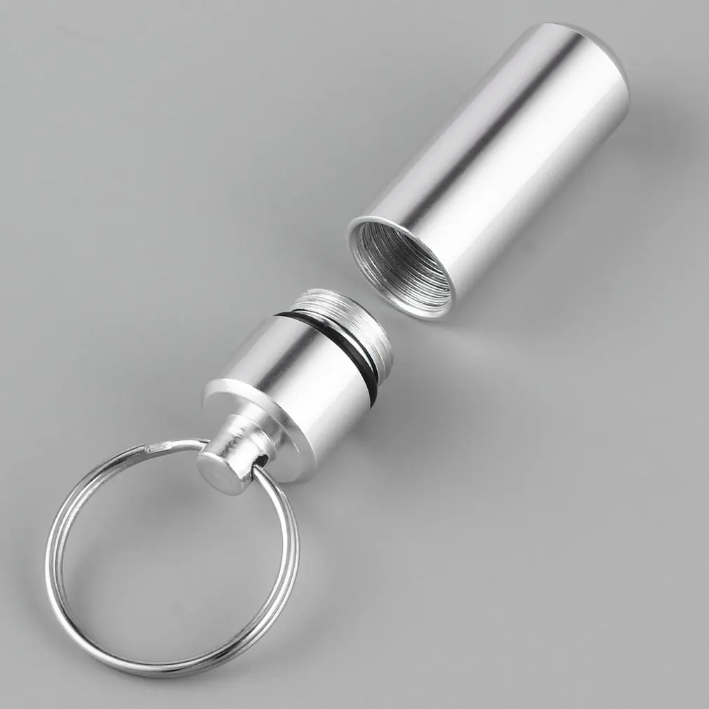 Mini Portable Waterproof Aluminum Silver Pill Box Case Bottle Cache Drug Holder Container With Key-Chain Key Holder