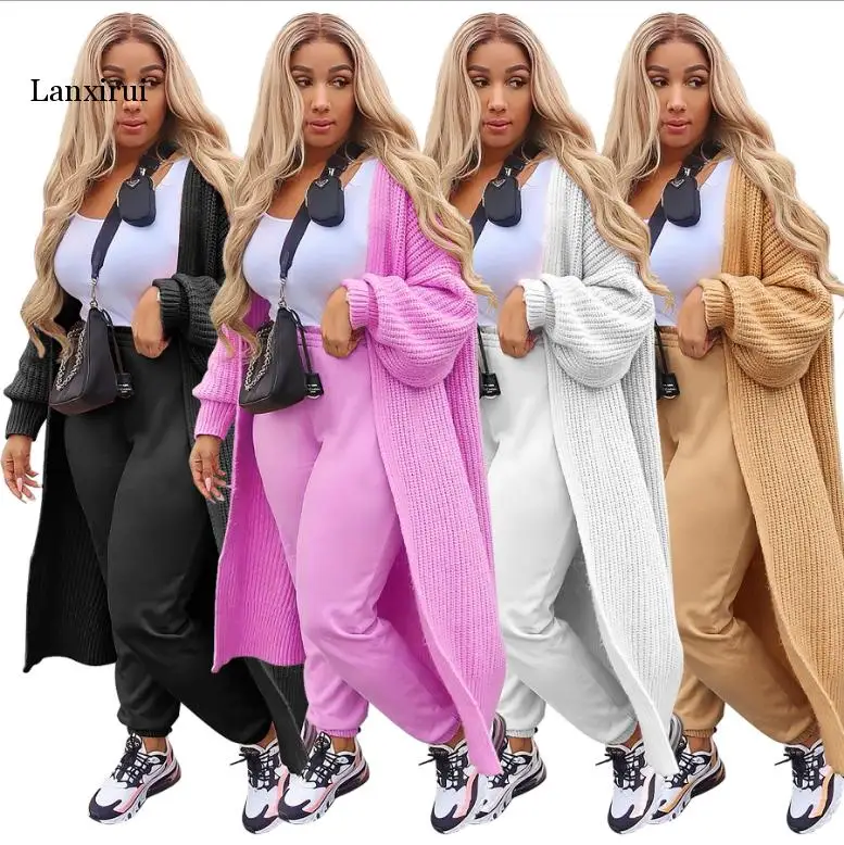 

Winter Newest Lady's Lantern Sleeve Solid Knitted Cardigan Lady's V-neck Casual Loose Ankle-Length Home Wear Sweater Coats