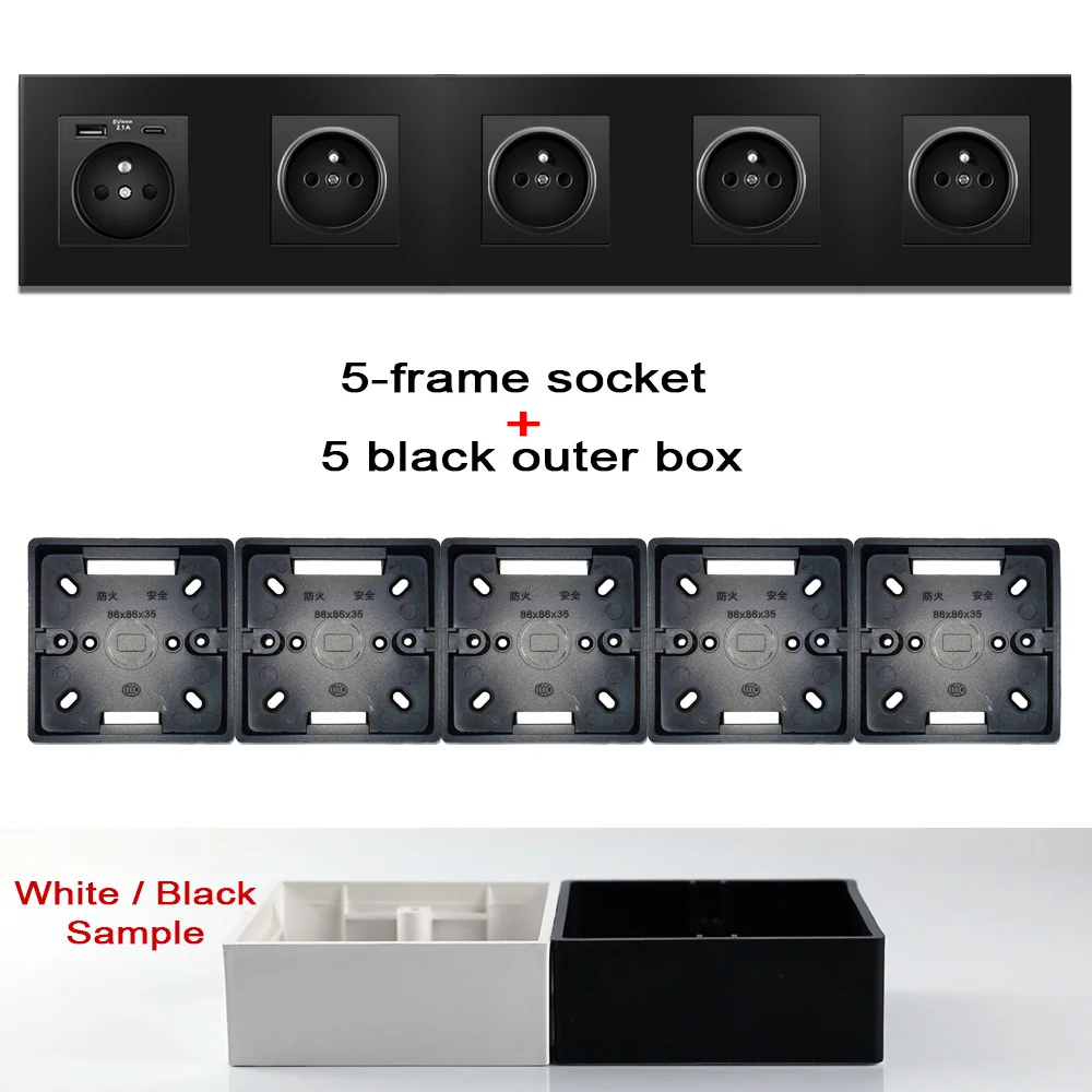 Multi-Frame EU French Power Socket USB Type C 2A Rapid Charger Black Panel Mount Box, Français Socket Poland 110-250V 16A Outlet