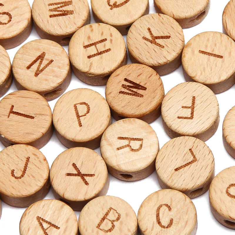 20Pcs/lot 10 15mm Mixed Letter Beech Wood Beads Round Flat Alphabet Loose Spacer Beads For Jewelry Making Handmade Diy Bracelet