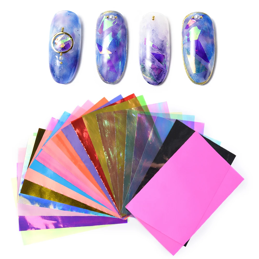 KADS 21 Sheets Holographic DIY Nail Art Broken Glass Foil Finger Decal Sticker Paper Shiny Aurora 3D Nail Art Mirror Decoration