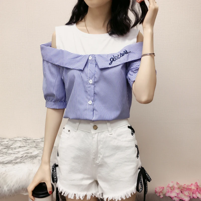 Fashion Women Short Sleeve Blouses Sexy Splice Off Shoulder Letter embroidery Shirts Fake Two Pieces Femme Stripe Shirt Tops