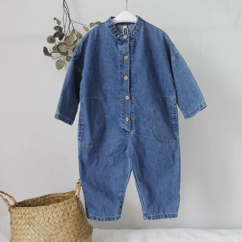 

New Spring Autumn Unisex Children Denim Jumpsuits Korean Style Chic Baby Boys Girls Overalls Soft Loose Trousers Kids Clothes