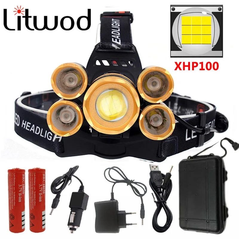 Super bright XHP100 5 LEDHeadlight 100000LM Zoomable Headlamp Aluminum Waterproof Head Torch Lamp Flashlight Camping Headlamp