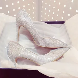 High Heels Wedding Women Shoes Diamond Pumps Low Heel 6cm Crystal Shoes Rhinestone Pointed Toe Glitter Party Heels