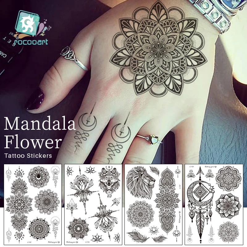 Rocooart Black Henna Arm Tattoo Mandala Flower Temporary Tattoos For Women Female Girls Sticker Fake Tattoo Mehndi Custom Tatoos