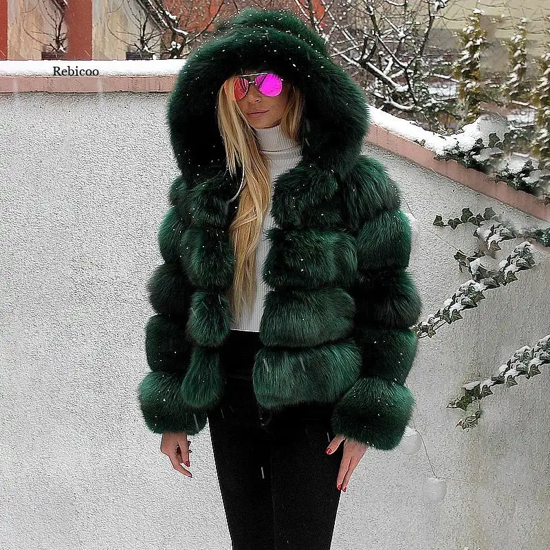 Luxury Eco-friendly Fur Coat Customize Winter fake Fox Fur Jackets With Hood Short Fur Coats Slim Jackets Furry Coat Femme