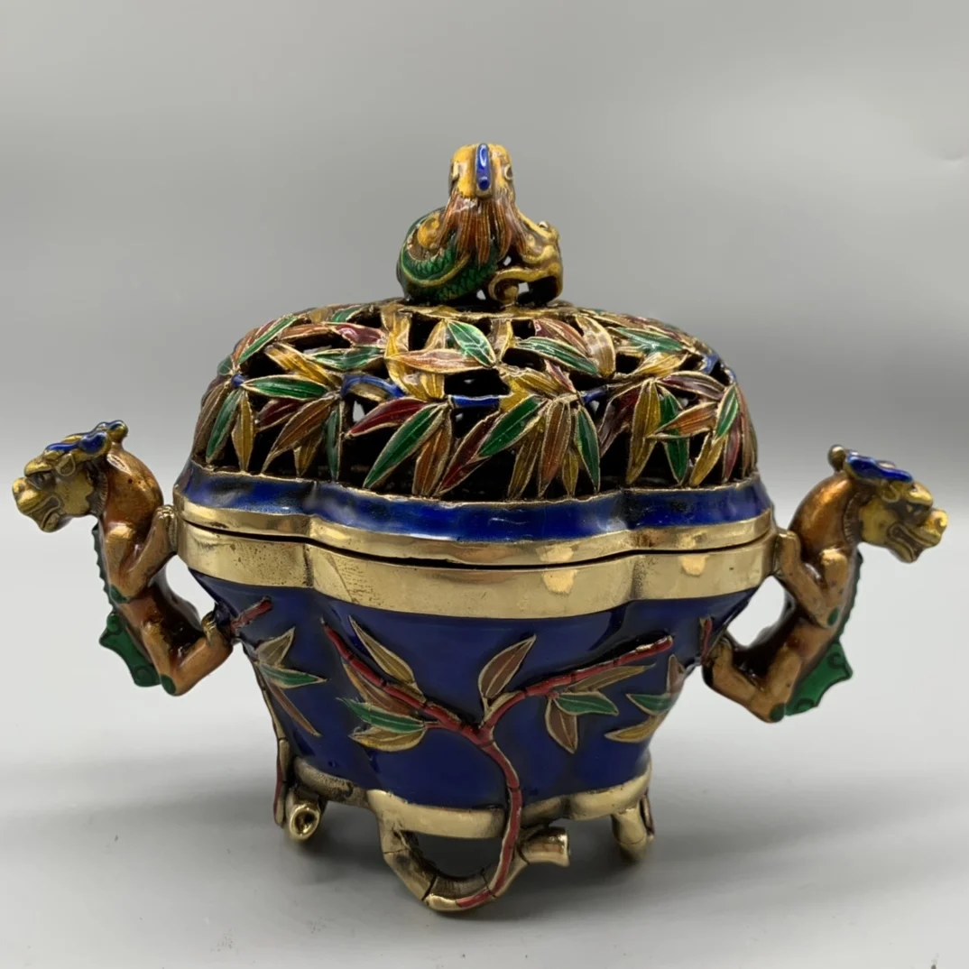 

China collection ancient bronze brass home metal decoration Bamboo auspicious animal fengshui statue Cloisonne incense burner