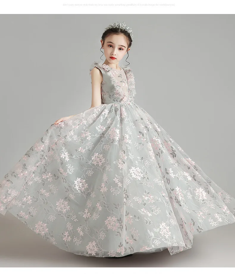 Fluffy Tulle Flower Girl Dresses Gray Lace Embroidery Floral Prom Gown Pageant For Weddings Kids Party Holy Communion Costume