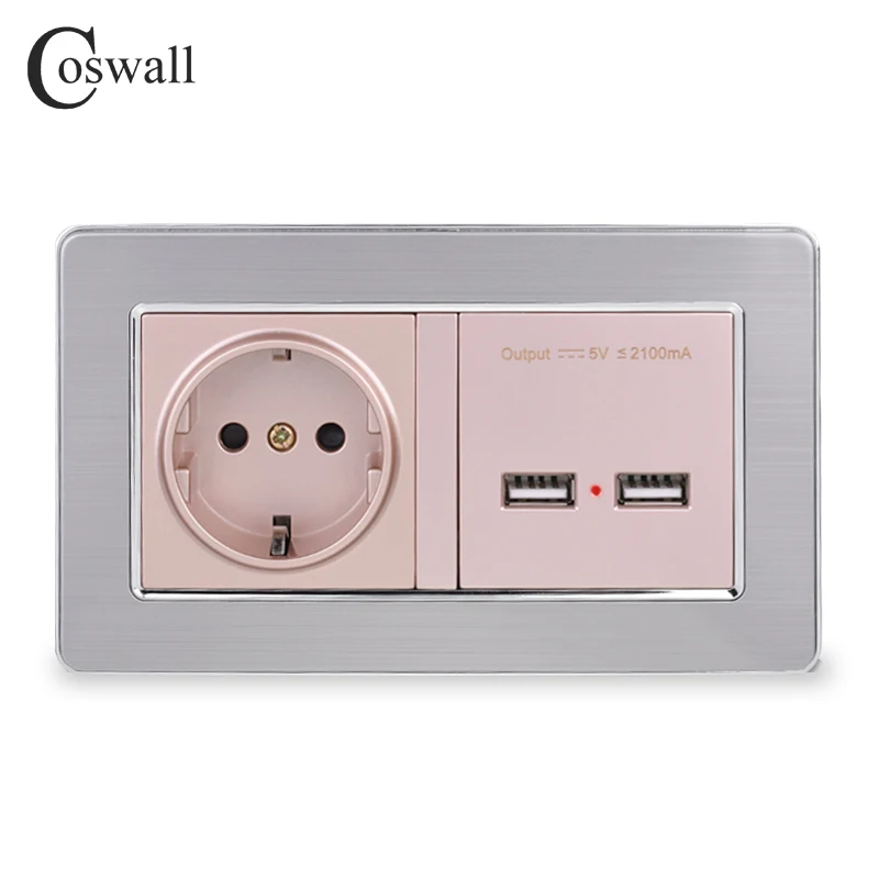 COSWALL Wall Socket EU Standard Power Outlet With Dual USB Smart Induction Charge Port For Mobile 5V 2.1A Stainless Steel Panel