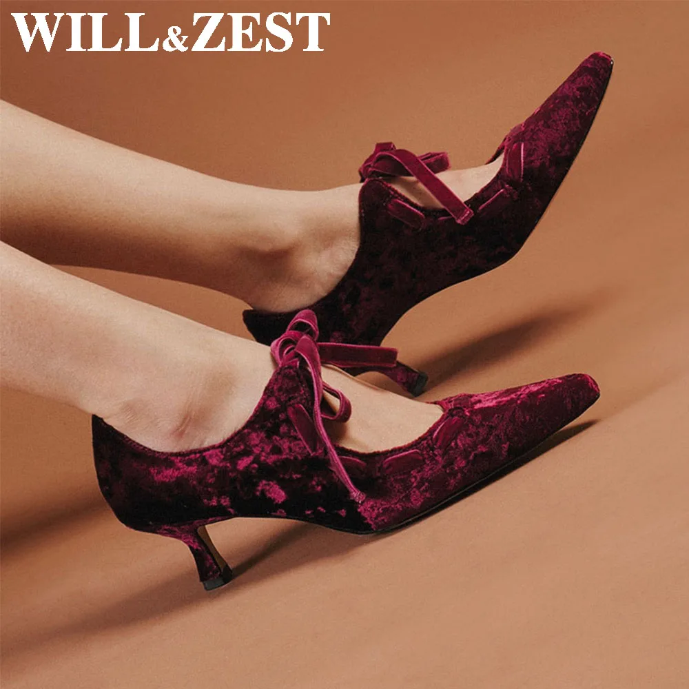 Will & Zest scarpe da sposa per donna sposa 2020 nuova donna Scarpin donna tacchi alti Sexy stringate velluto coreano viola scarpe Vintage