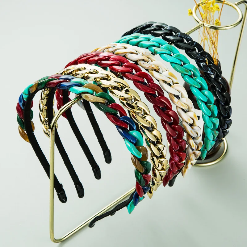 New Arrived Acetate Acrylic Chain Headband Plain Color Handmade Simple Thin Hairband Women Party Hair Accessories