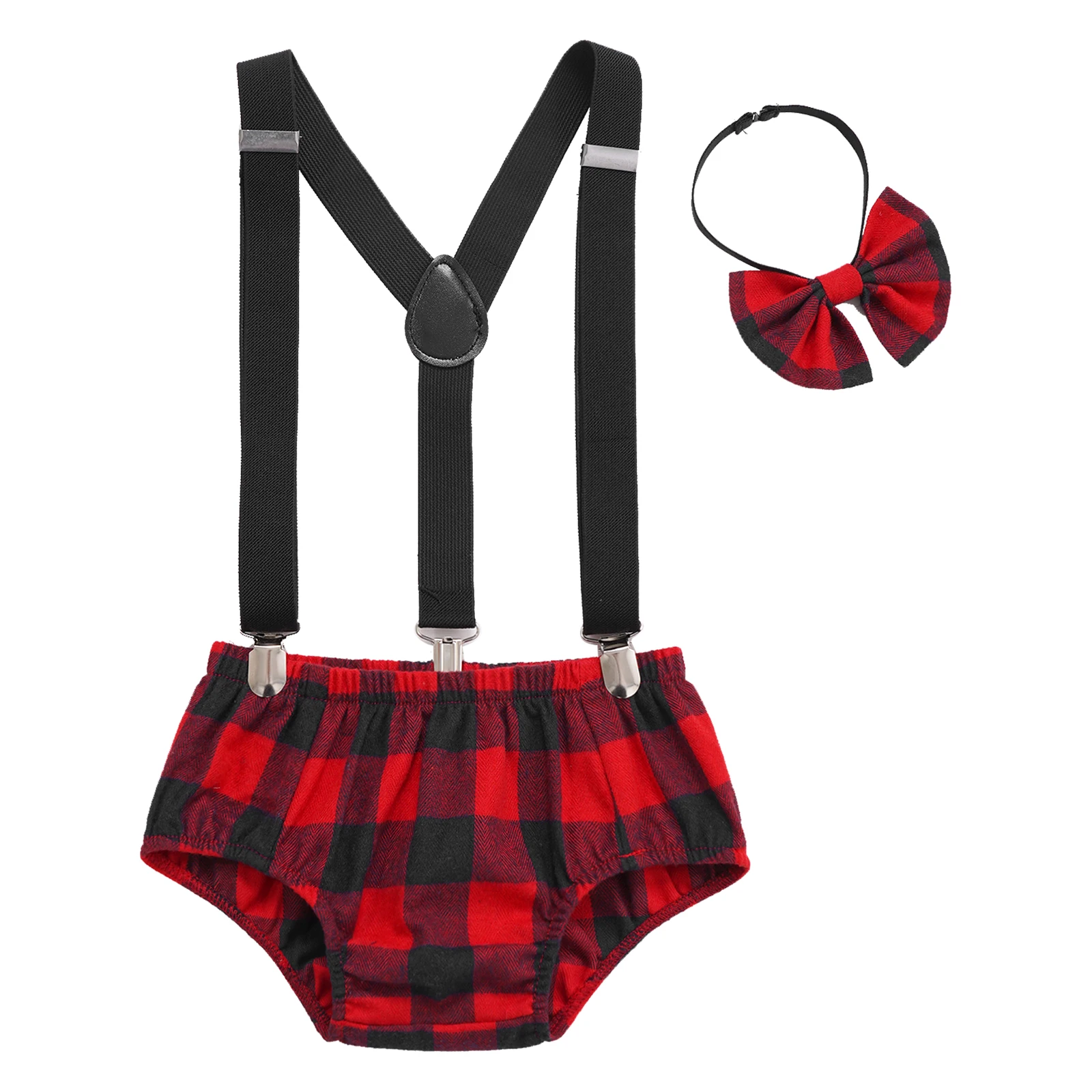 

Baby Boys 1st Birthday Cake Smash Outfit Red Plaid Diaper Cover Strap Clip Bow Tie Daily Wear PP Pants Photo Props Baby Clothing